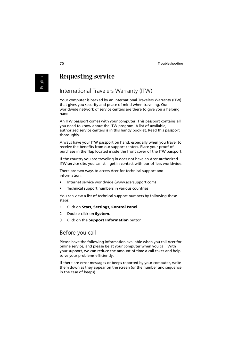 Requesting service, International travelers warranty (itw), Before you call | Acer 1450 User Manual | Page 80 / 99