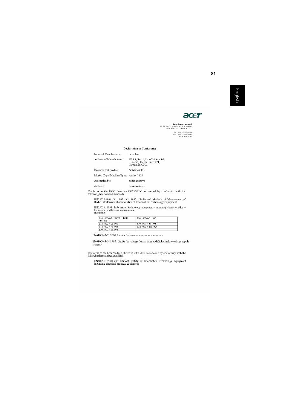 Acer 1450 User Manual | Page 91 / 99