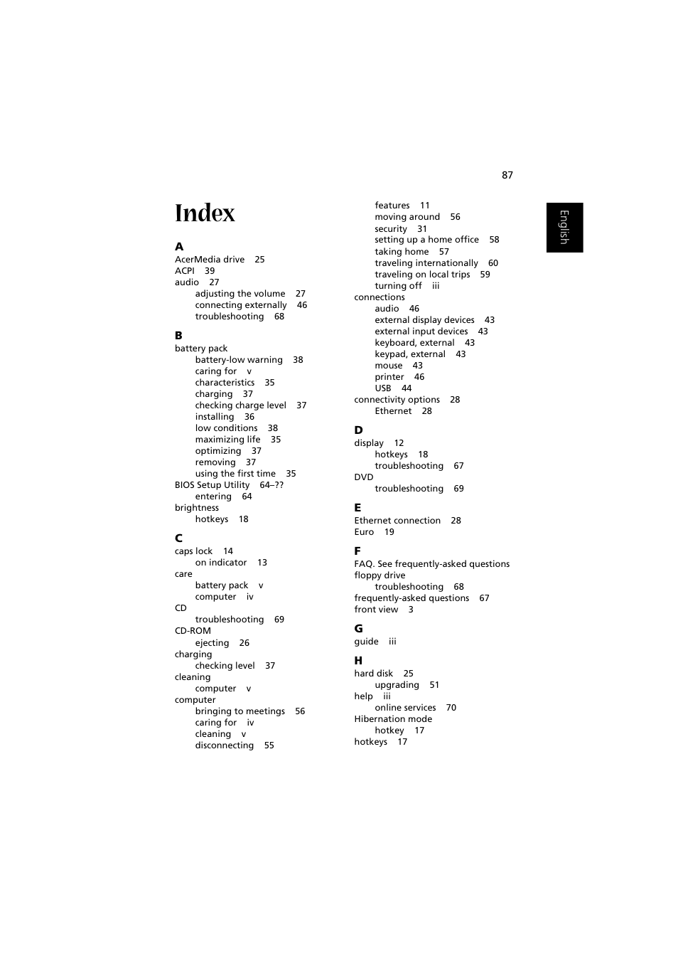 Index | Acer 1450 User Manual | Page 97 / 99