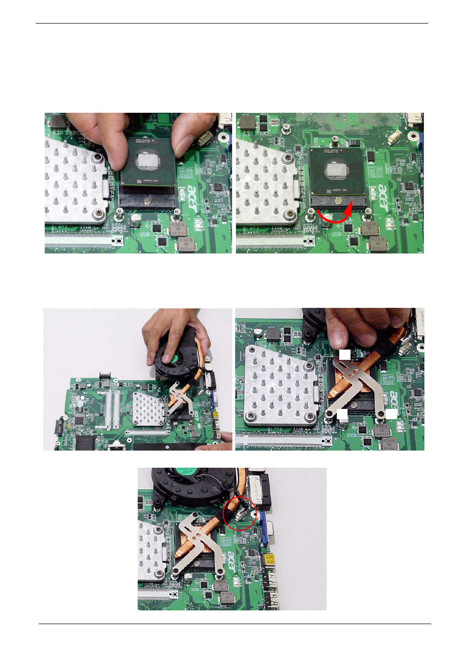 Main module reassembly procedure, Replacing the cpu replacing the cpu fan module | Acer 7230 User Manual | Page 110 / 186