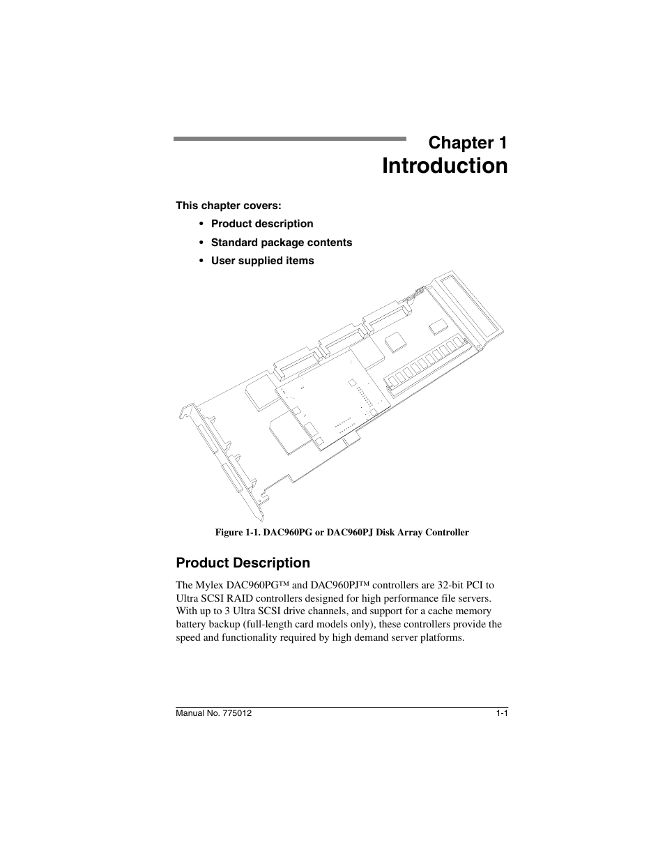 Chapter 1: introduction, Product description, Chapter 1 | Introduction, Product description -1 | Acer PCI to Ultra SCSI RAID Controllers DAC960PG User Manual | Page 11 / 86