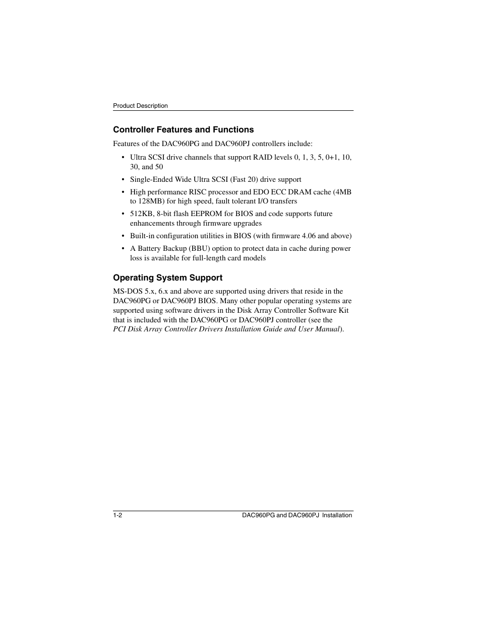 Controller features and functions, Operating system support | Acer PCI to Ultra SCSI RAID Controllers DAC960PG User Manual | Page 12 / 86