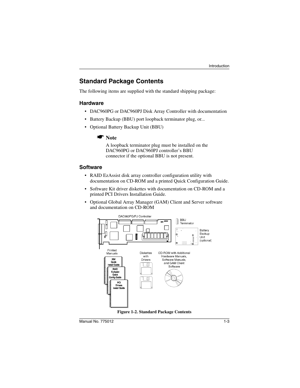 Standard package contents, Hardware, Software | Standard package contents -3, Hardware -3 software -3 | Acer PCI to Ultra SCSI RAID Controllers DAC960PG User Manual | Page 13 / 86