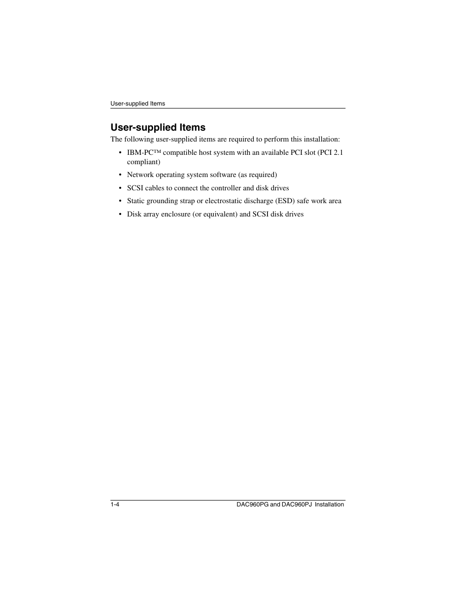 User-supplied items, User-supplied items -4 | Acer PCI to Ultra SCSI RAID Controllers DAC960PG User Manual | Page 14 / 86