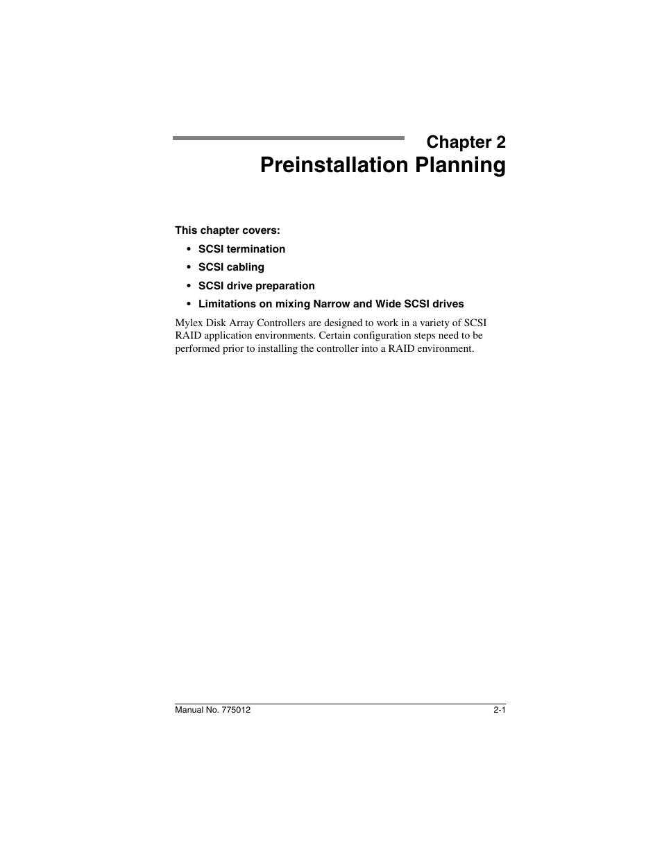 Chapter 2: preinstallation planning, Chapter 2, Preinstallation planning | Acer PCI to Ultra SCSI RAID Controllers DAC960PG User Manual | Page 15 / 86