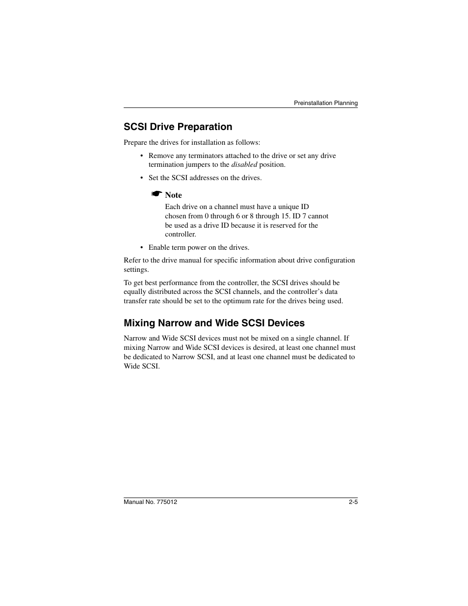 Scsi drive preparation, Mixing narrow and wide scsi devices | Acer PCI to Ultra SCSI RAID Controllers DAC960PG User Manual | Page 19 / 86