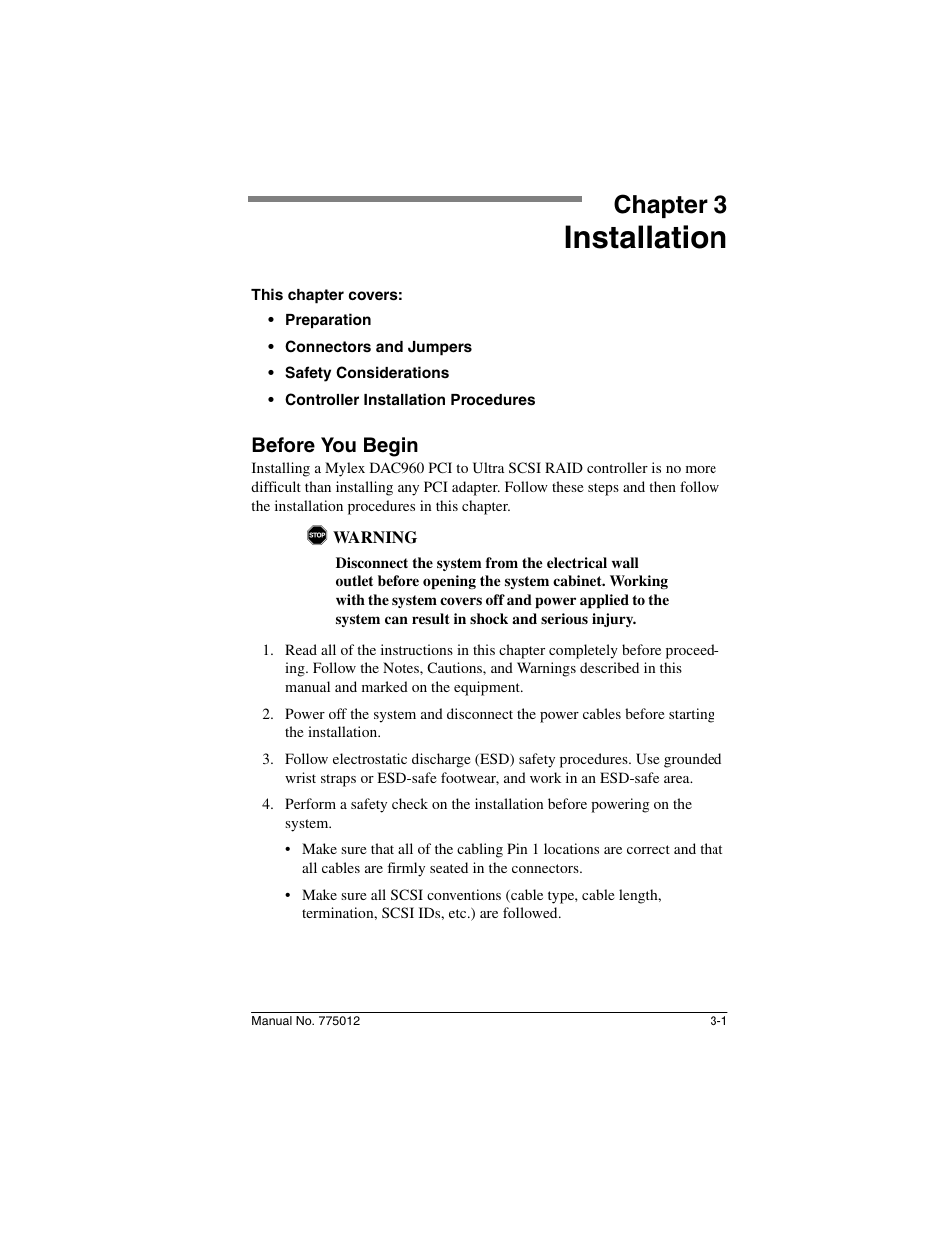 Chapter 3: installation, Before you begin, Chapter 3 | Installation, Before you begin -1 | Acer PCI to Ultra SCSI RAID Controllers DAC960PG User Manual | Page 21 / 86