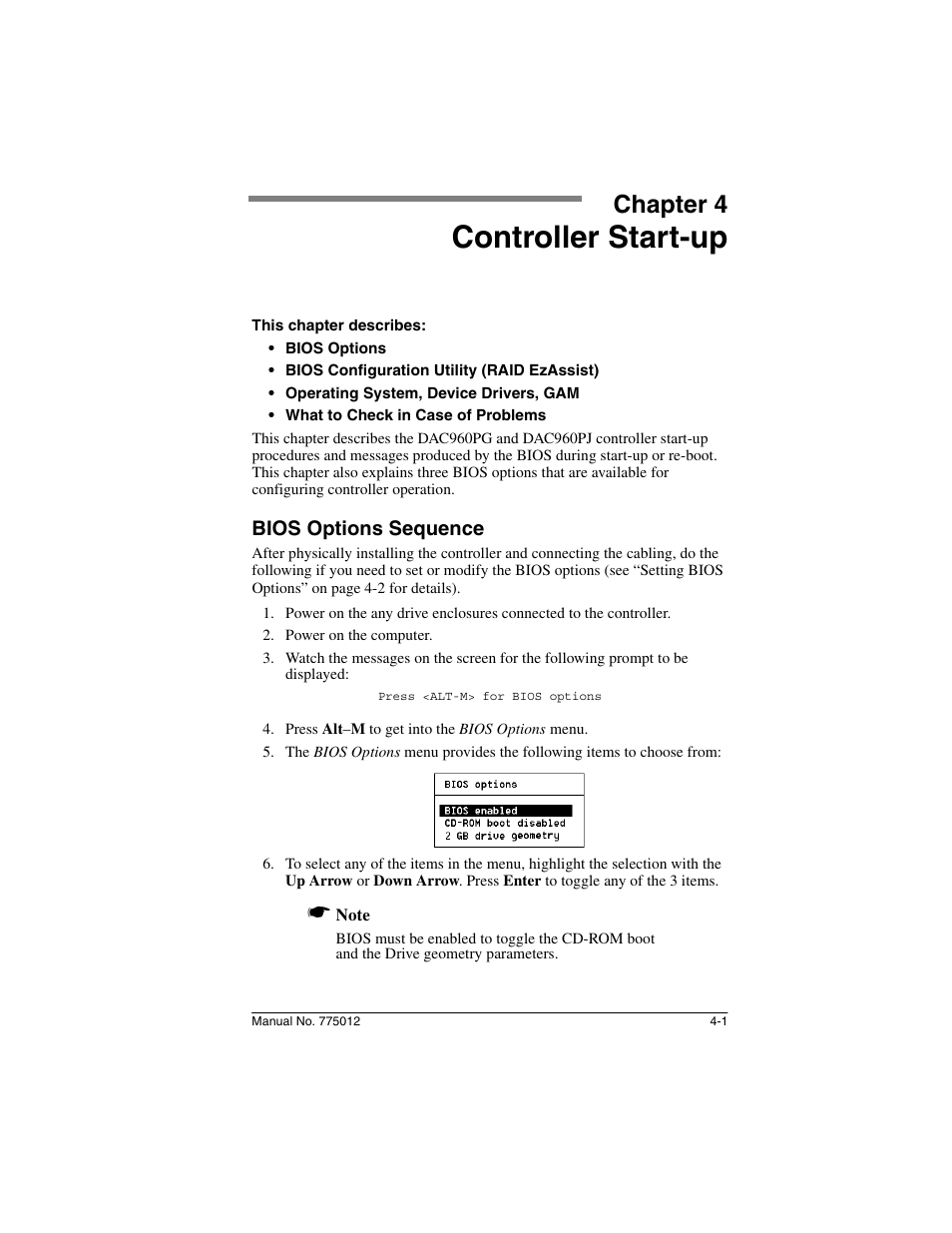 Chapter 4: controller start-up, Bios options sequence, Chapter 4 | Controller start-up, Bios options sequence -1 | Acer PCI to Ultra SCSI RAID Controllers DAC960PG User Manual | Page 27 / 86