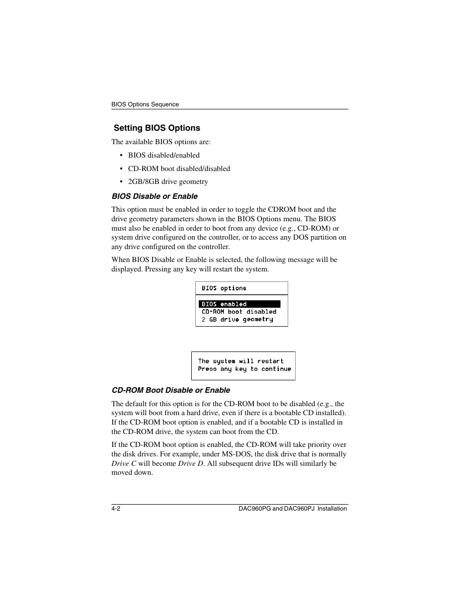 Setting bios options, Setting bios options -2 | Acer PCI to Ultra SCSI RAID Controllers DAC960PG User Manual | Page 28 / 86
