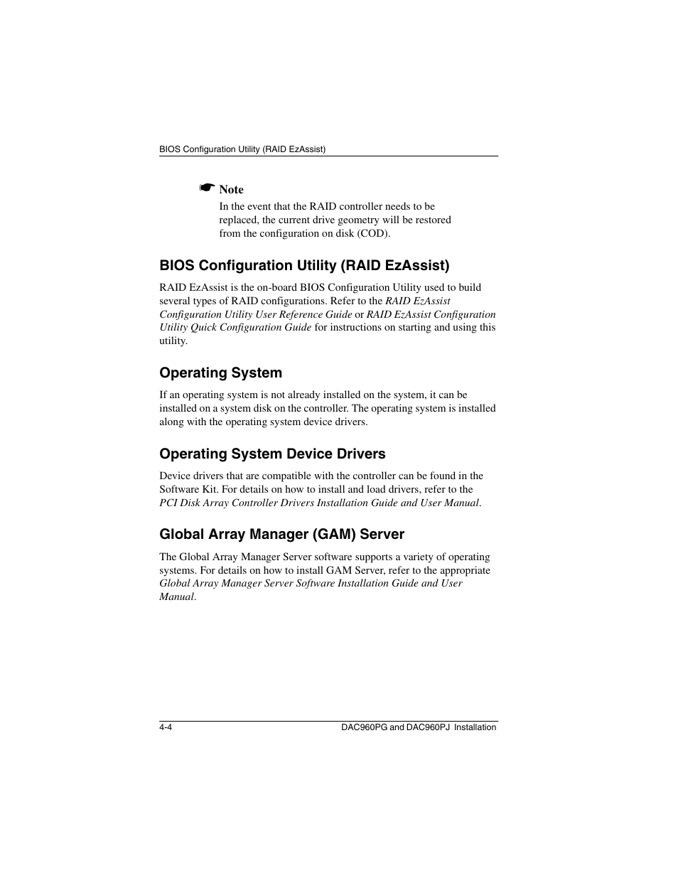 Bios configuration utility (raid ezassist), Operating system, Operating system device drivers | Global array manager (gam) server | Acer PCI to Ultra SCSI RAID Controllers DAC960PG User Manual | Page 30 / 86