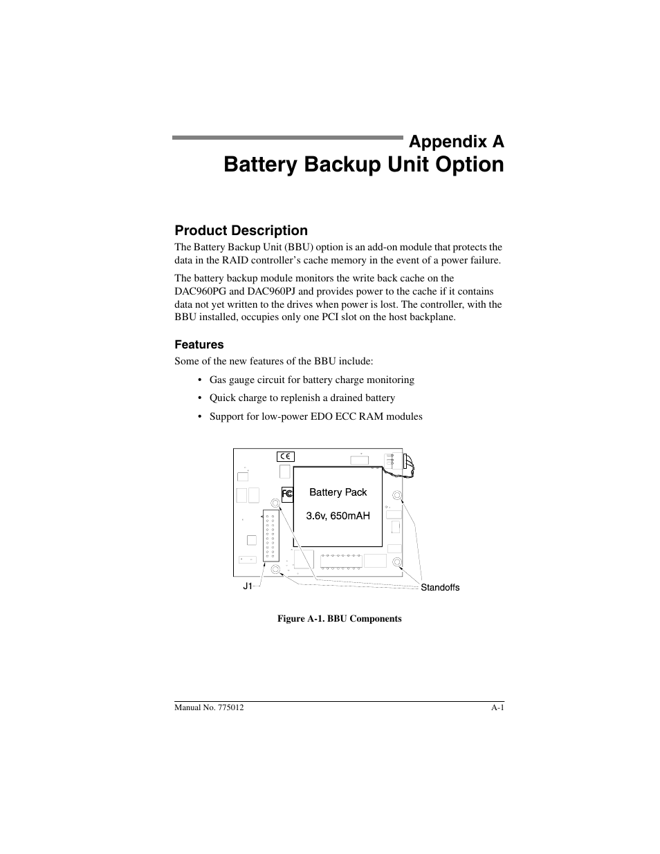 Appendix a: battery backup unit option, Product description, Features | Appendix a, Battery backup unit option | Acer PCI to Ultra SCSI RAID Controllers DAC960PG User Manual | Page 33 / 86