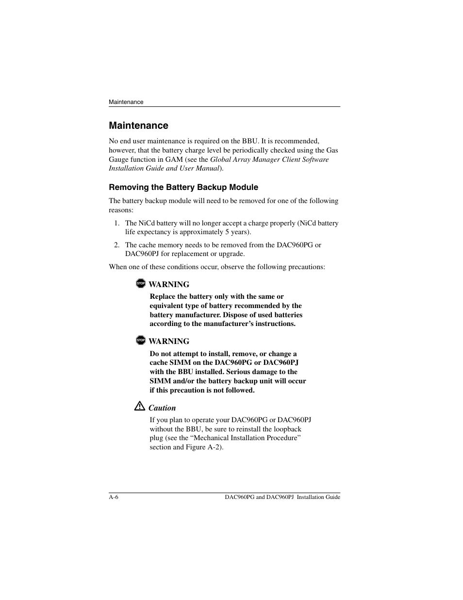 Maintenance, Removing the battery backup module | Acer PCI to Ultra SCSI RAID Controllers DAC960PG User Manual | Page 38 / 86