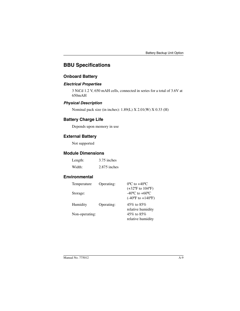 Bbu specifications, Onboard battery, Battery charge life | External battery, Module dimensions, Environmental | Acer PCI to Ultra SCSI RAID Controllers DAC960PG User Manual | Page 41 / 86