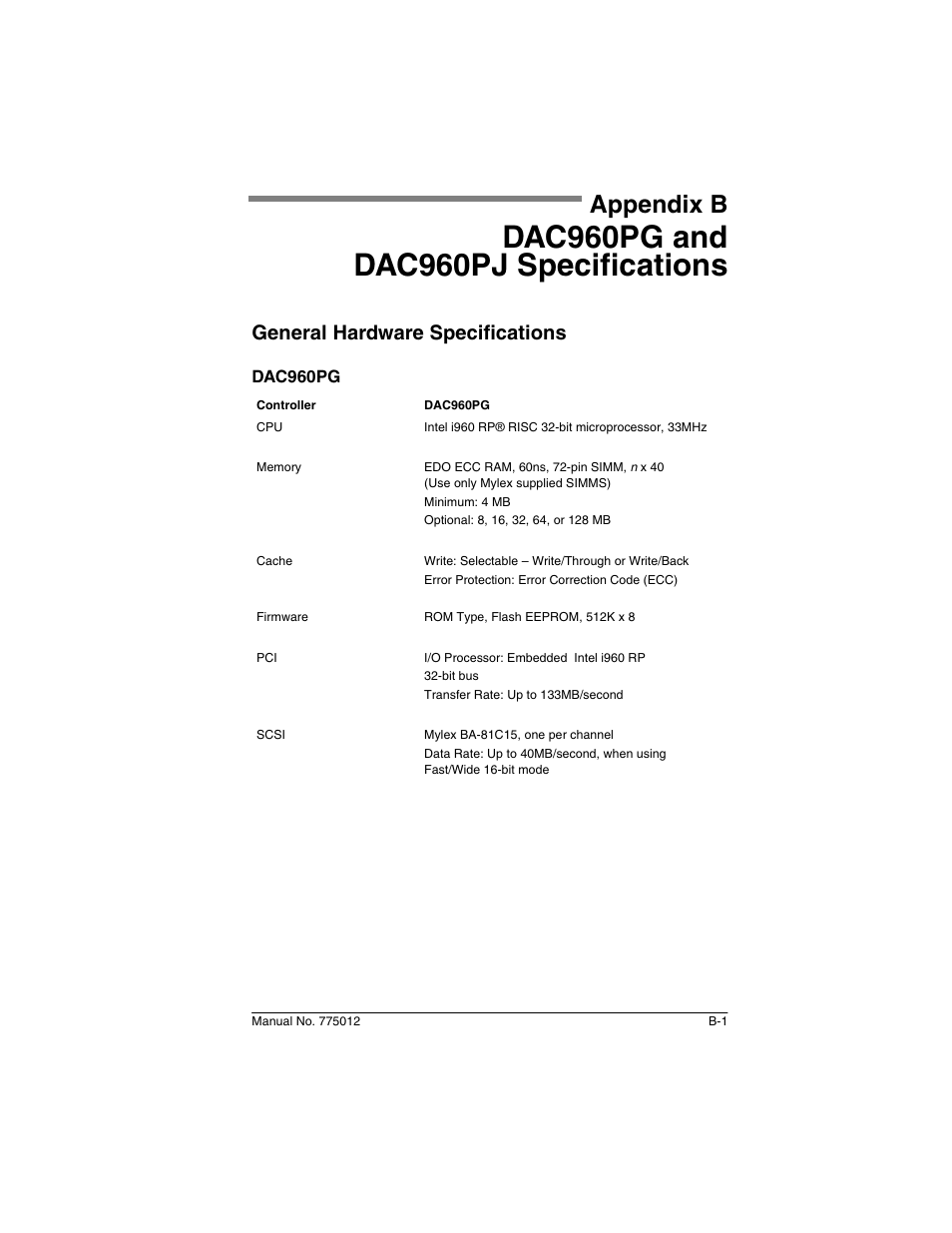Appendix b: dac960pg and dac960pj specifications, General hardware specifications, Dac960pg | Appendix b, Dac960pg and dac960pj specifications | Acer PCI to Ultra SCSI RAID Controllers DAC960PG User Manual | Page 43 / 86