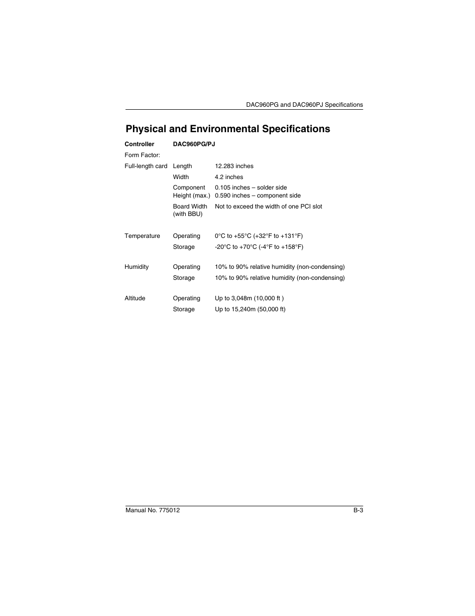 Physical and environmental specifications | Acer PCI to Ultra SCSI RAID Controllers DAC960PG User Manual | Page 45 / 86