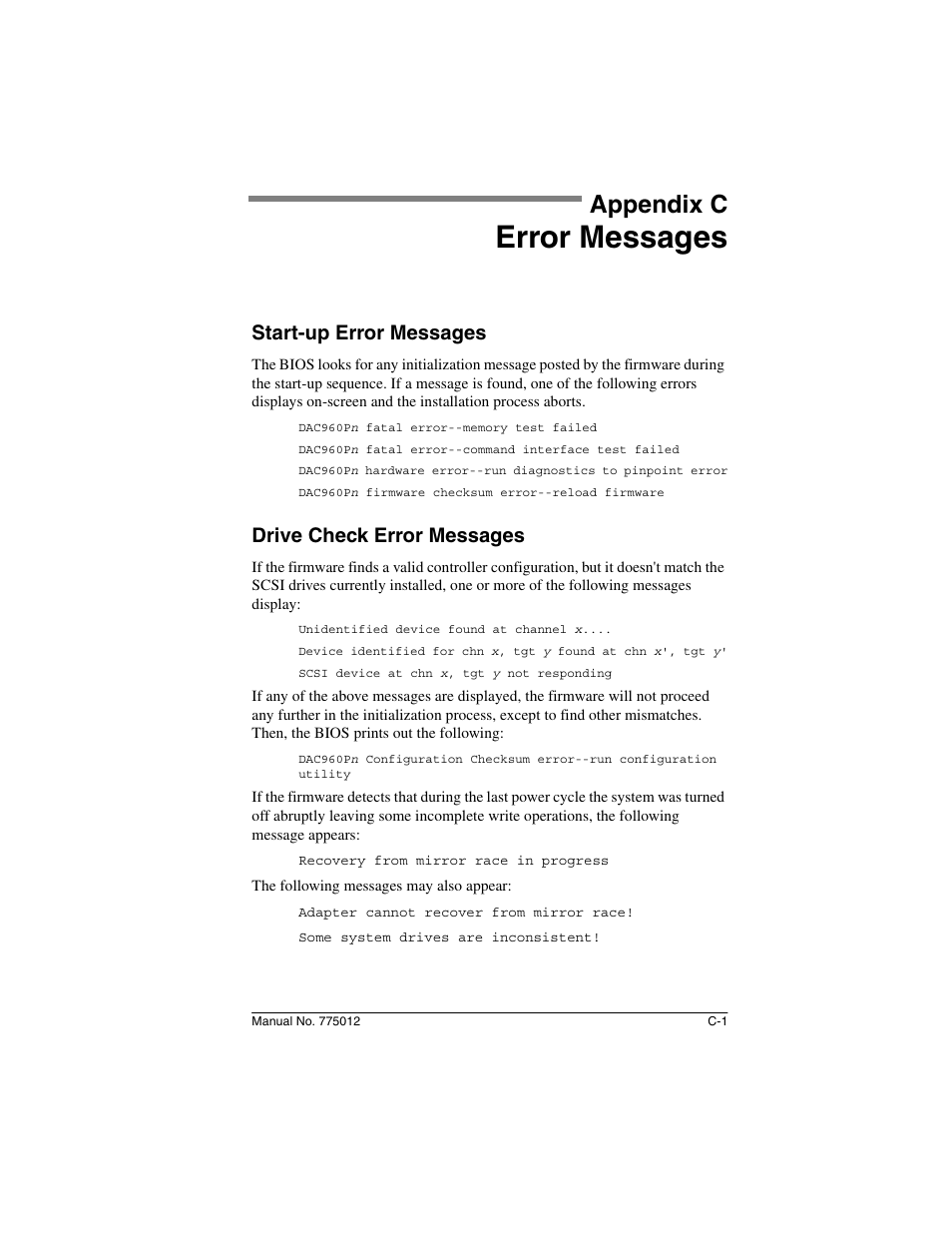 Appendix c: error messages, Start-up error messages, Drive check error messages | Appendix c, Error messages | Acer PCI to Ultra SCSI RAID Controllers DAC960PG User Manual | Page 47 / 86