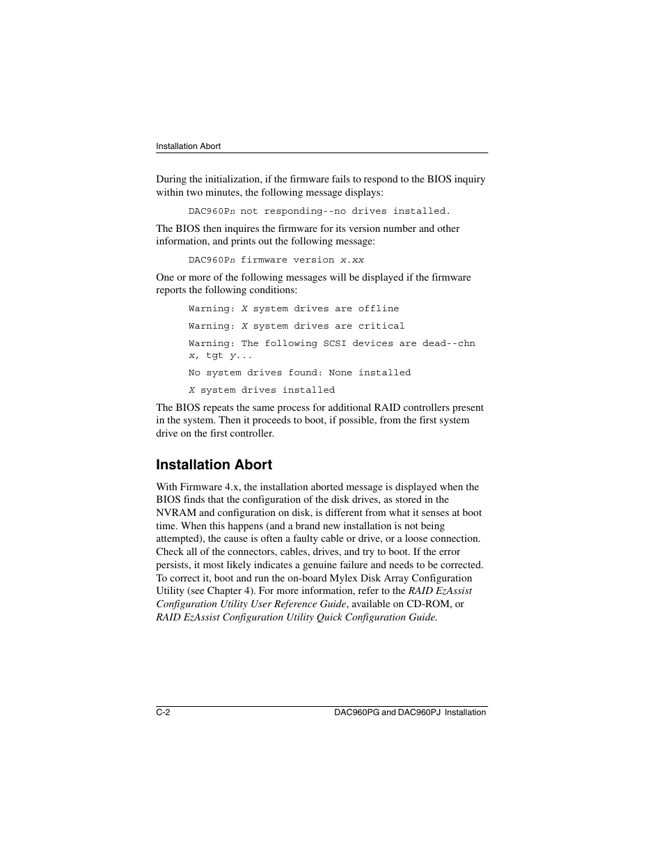 Installation abort | Acer PCI to Ultra SCSI RAID Controllers DAC960PG User Manual | Page 48 / 86