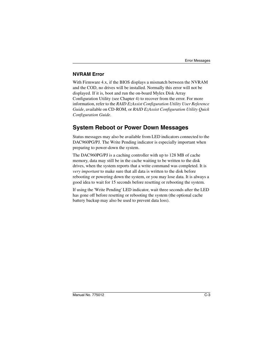 Nvram error, System reboot or power down messages | Acer PCI to Ultra SCSI RAID Controllers DAC960PG User Manual | Page 49 / 86