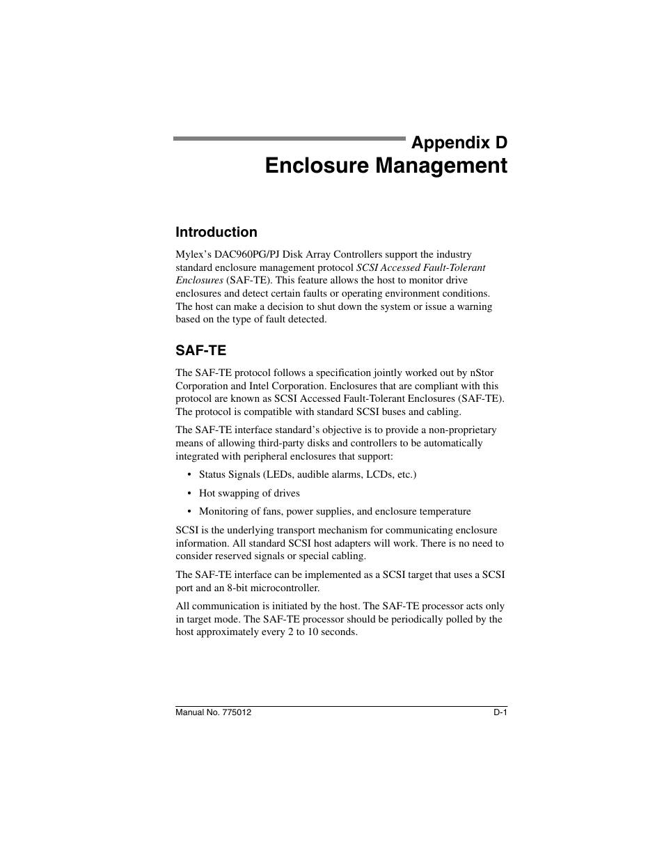 Appendix d: enclosure management, Introduction, Saf-te | Appendix d, Enclosure management | Acer PCI to Ultra SCSI RAID Controllers DAC960PG User Manual | Page 51 / 86