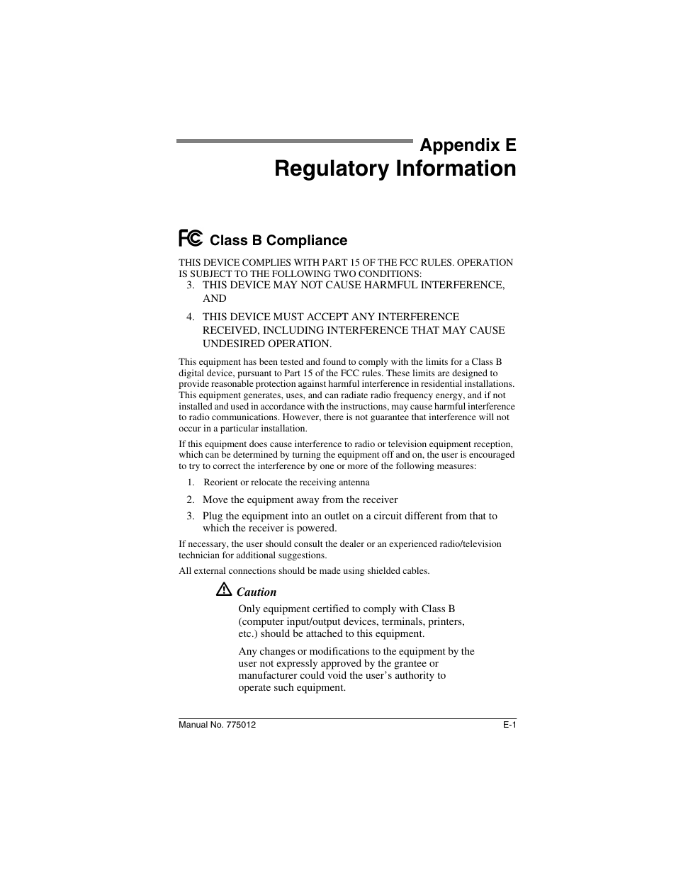 Appendix e: regulatory information, Class b compliance, Appendix e | Regulatory information | Acer PCI to Ultra SCSI RAID Controllers DAC960PG User Manual | Page 53 / 86