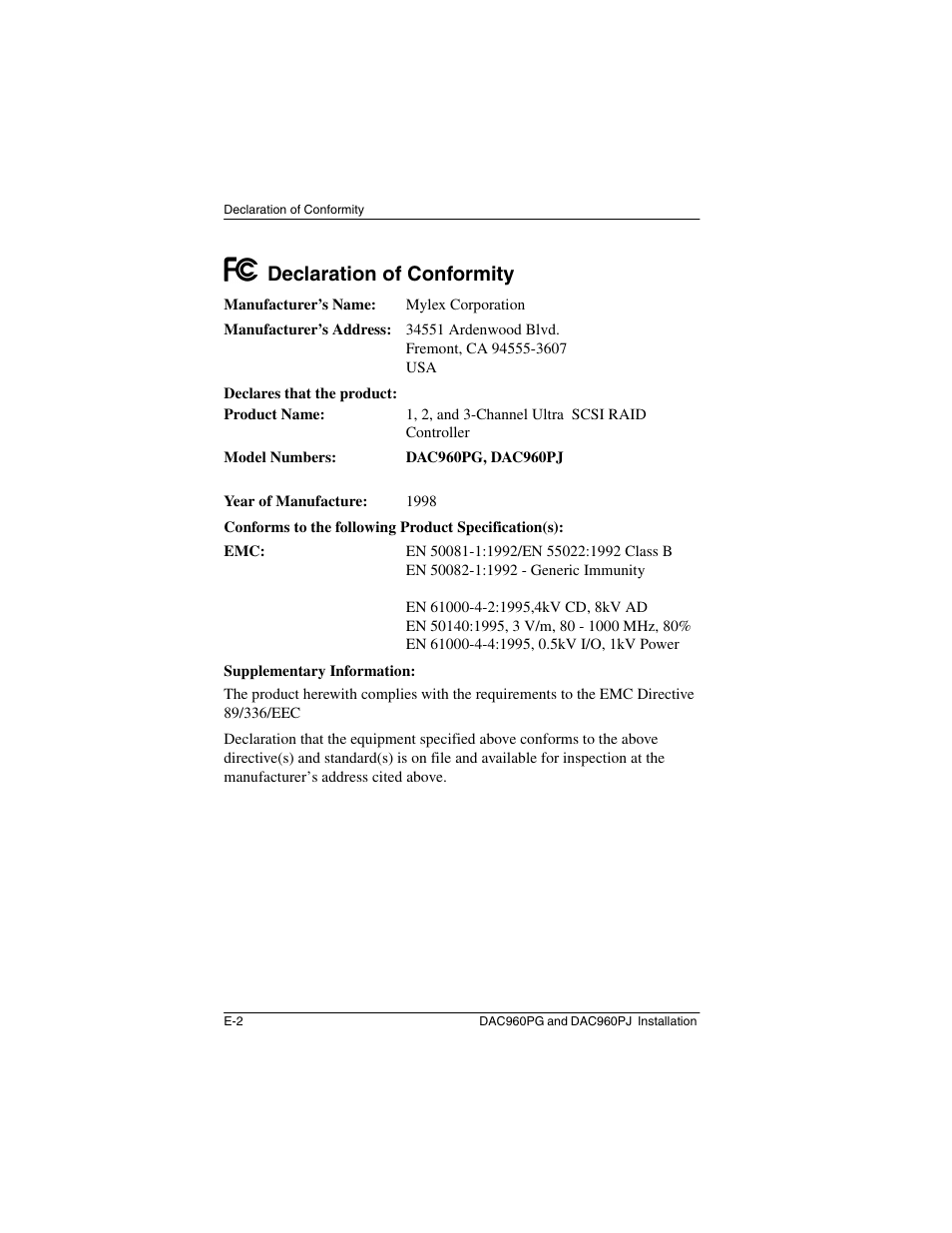 Declaration of conformity | Acer PCI to Ultra SCSI RAID Controllers DAC960PG User Manual | Page 54 / 86