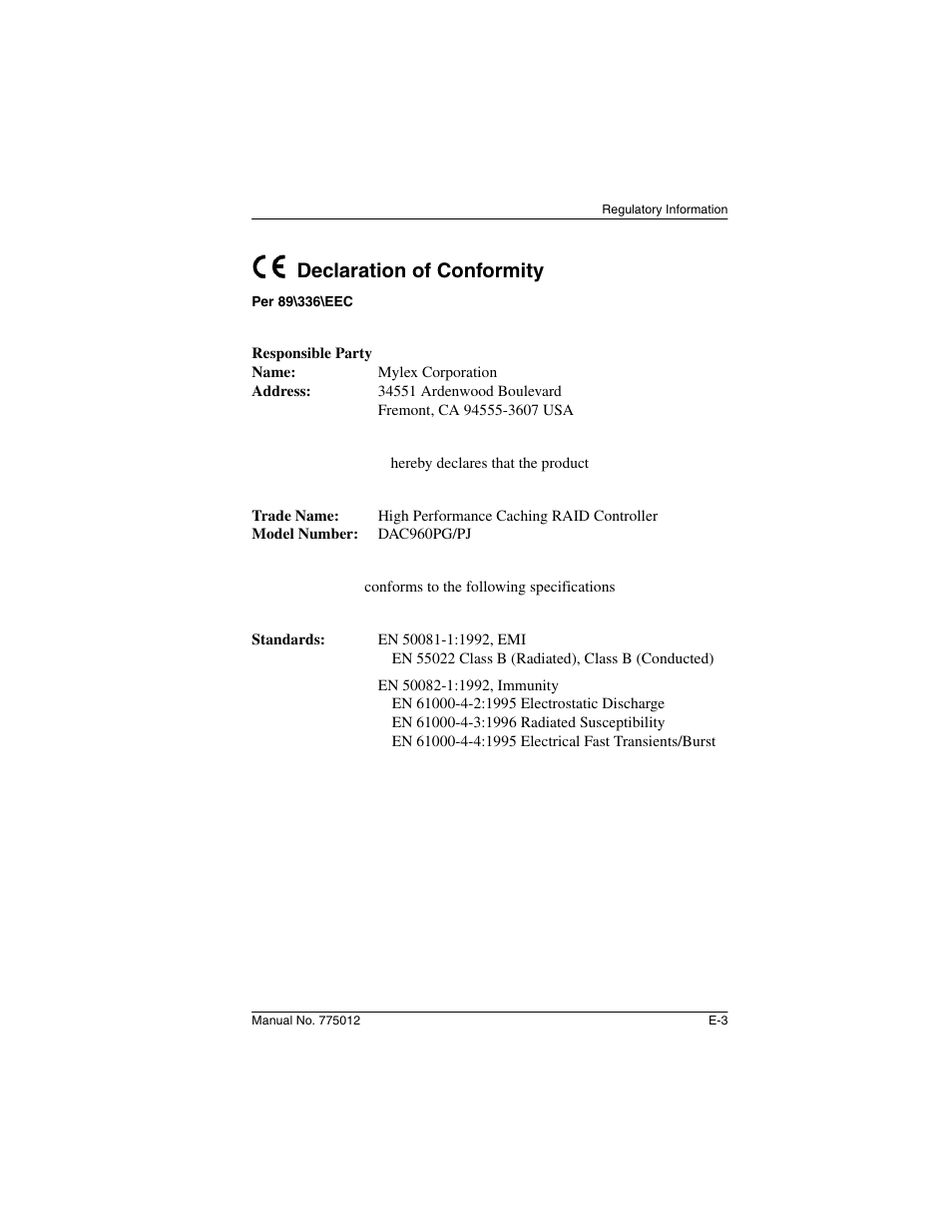 Declaration of conformity | Acer PCI to Ultra SCSI RAID Controllers DAC960PG User Manual | Page 55 / 86