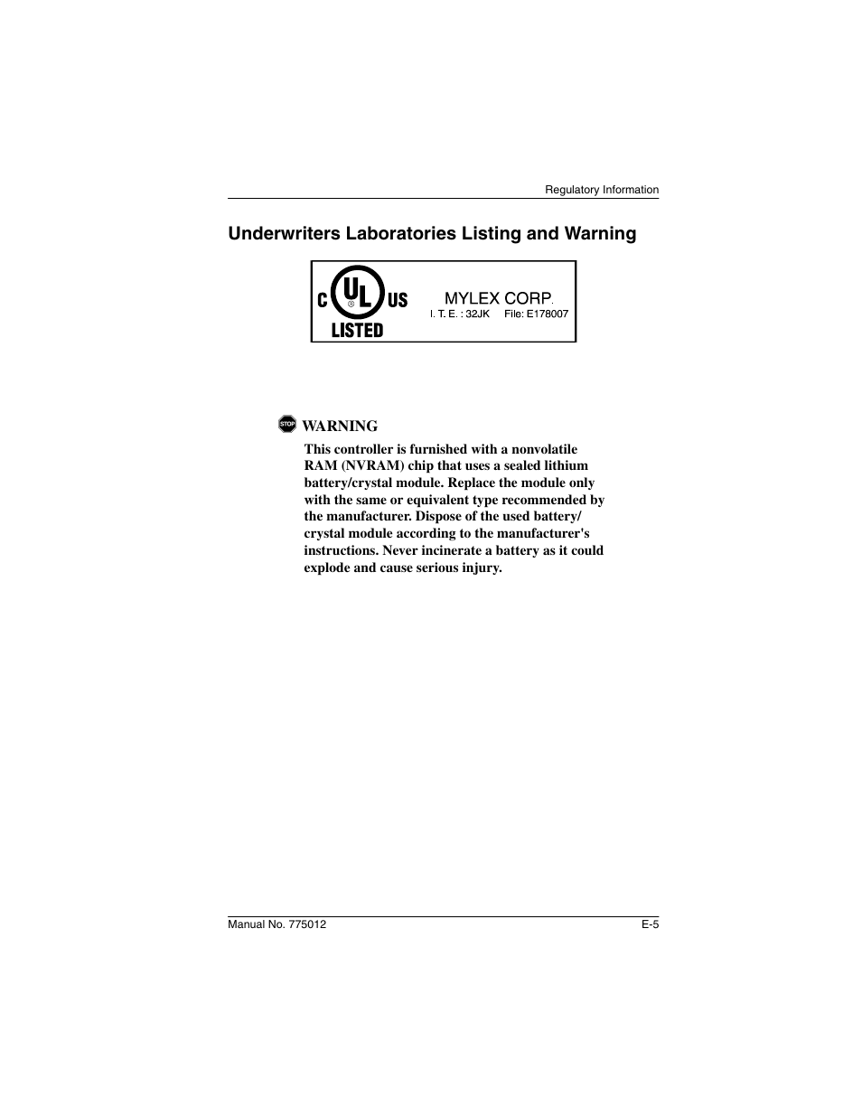 Underwriters laboratories listing and warning | Acer PCI to Ultra SCSI RAID Controllers DAC960PG User Manual | Page 57 / 86