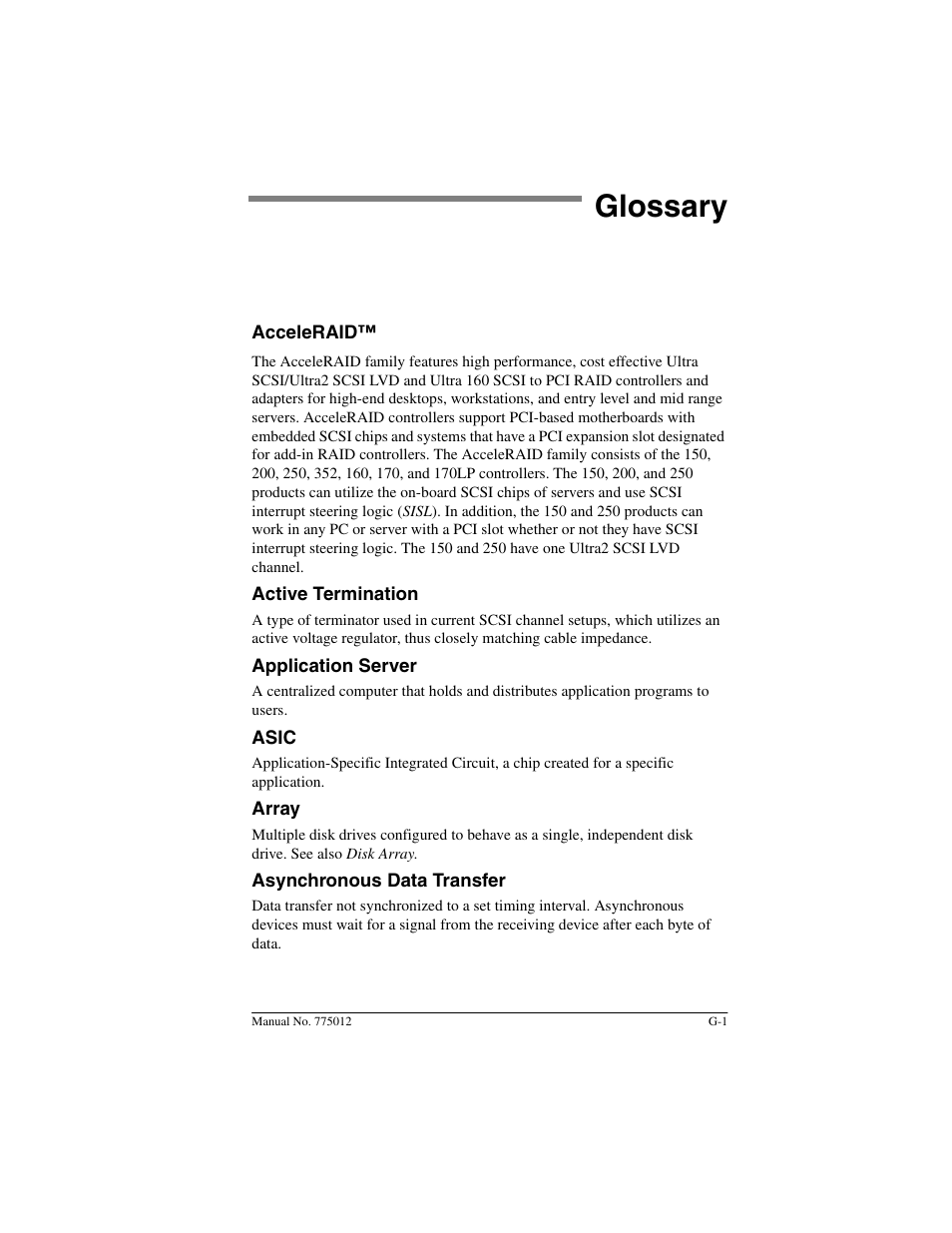 Glossary, Acceleraid | Acer PCI to Ultra SCSI RAID Controllers DAC960PG User Manual | Page 59 / 86