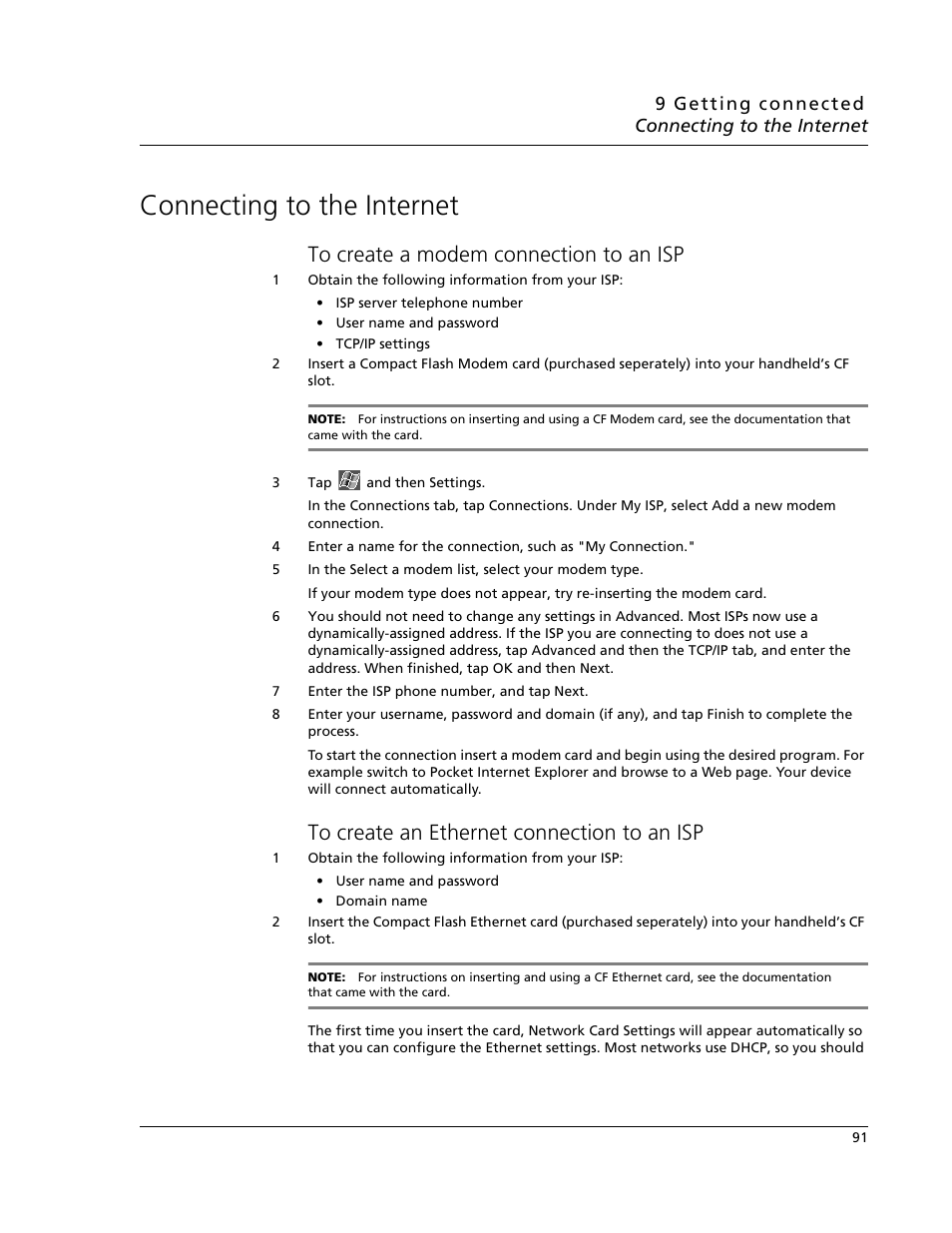 Connecting to the internet, To create a modem connection to an isp, To create an ethernet connection to an isp | Acer N10 User Manual | Page 103 / 120