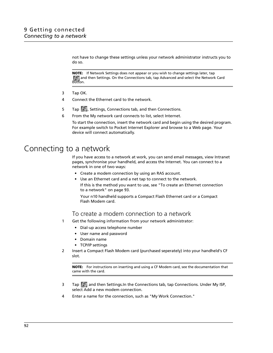 Connecting to a network, To create a modem connection to a network | Acer N10 User Manual | Page 104 / 120