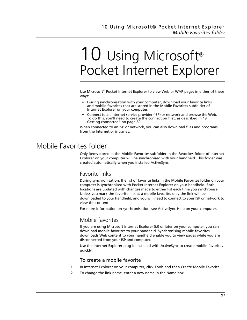 10 using microsoft® pocket internet explorer, Mobile favorites folder, Favorite links | Mobile favorites, Favorite links mobile favorites, Using microsoft, Pocket internet explorer | Acer N10 User Manual | Page 109 / 120