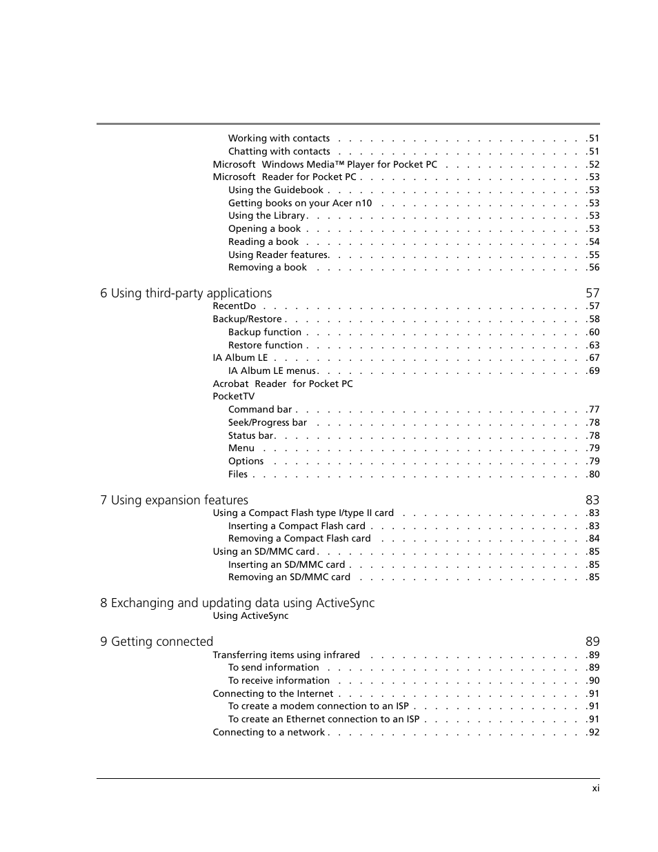 6 using third-party applications 57, 7 using expansion features 83, 8 exchanging and updating data using activesync | 9 getting connected 89 | Acer N10 User Manual | Page 11 / 120