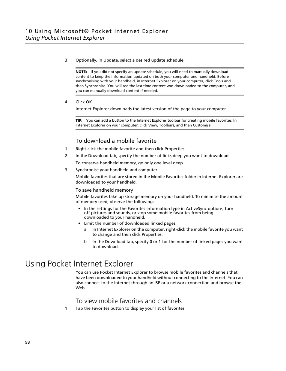 Using pocket internet explorer, To view mobile favorites and channels | Acer N10 User Manual | Page 110 / 120