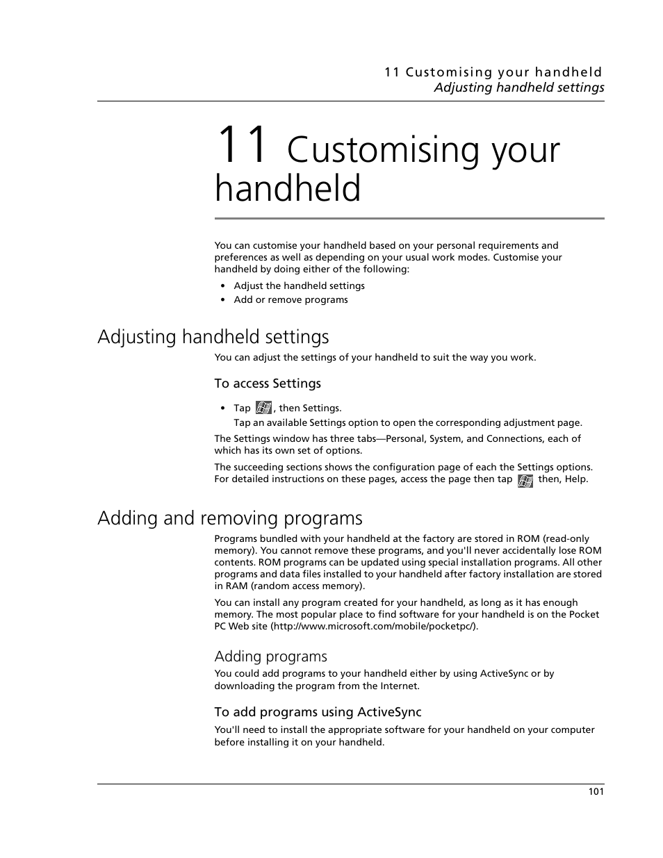 11 customising your handheld, Adjusting handheld settings, Adding and removing programs | Adding programs, Customising your handheld | Acer N10 User Manual | Page 113 / 120