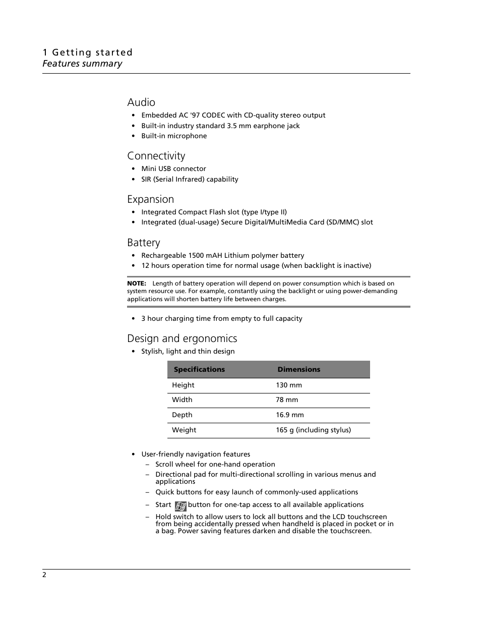 Audio, Connectivity, Expansion | Battery, Design and ergonomics | Acer N10 User Manual | Page 14 / 120