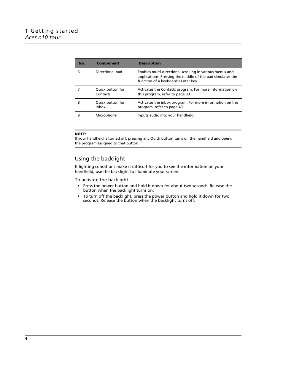 Using the backlight | Acer N10 User Manual | Page 16 / 120