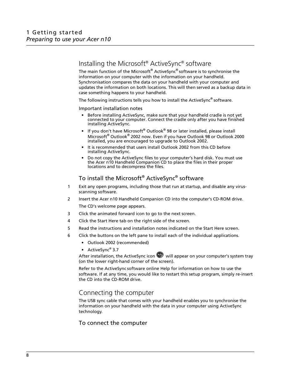 Installing the microsoft® activesync® software, Connecting the computer, Installing the microsoft | Activesync, Software | Acer N10 User Manual | Page 20 / 120