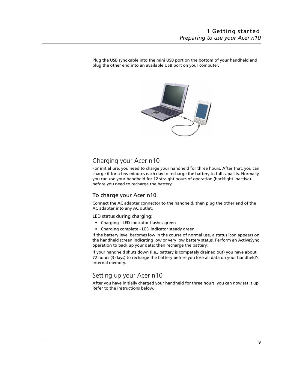 Charging your acer n10, Setting up your acer n10, Charging your acer n10 setting up your acer n10 | Acer N10 User Manual | Page 21 / 120