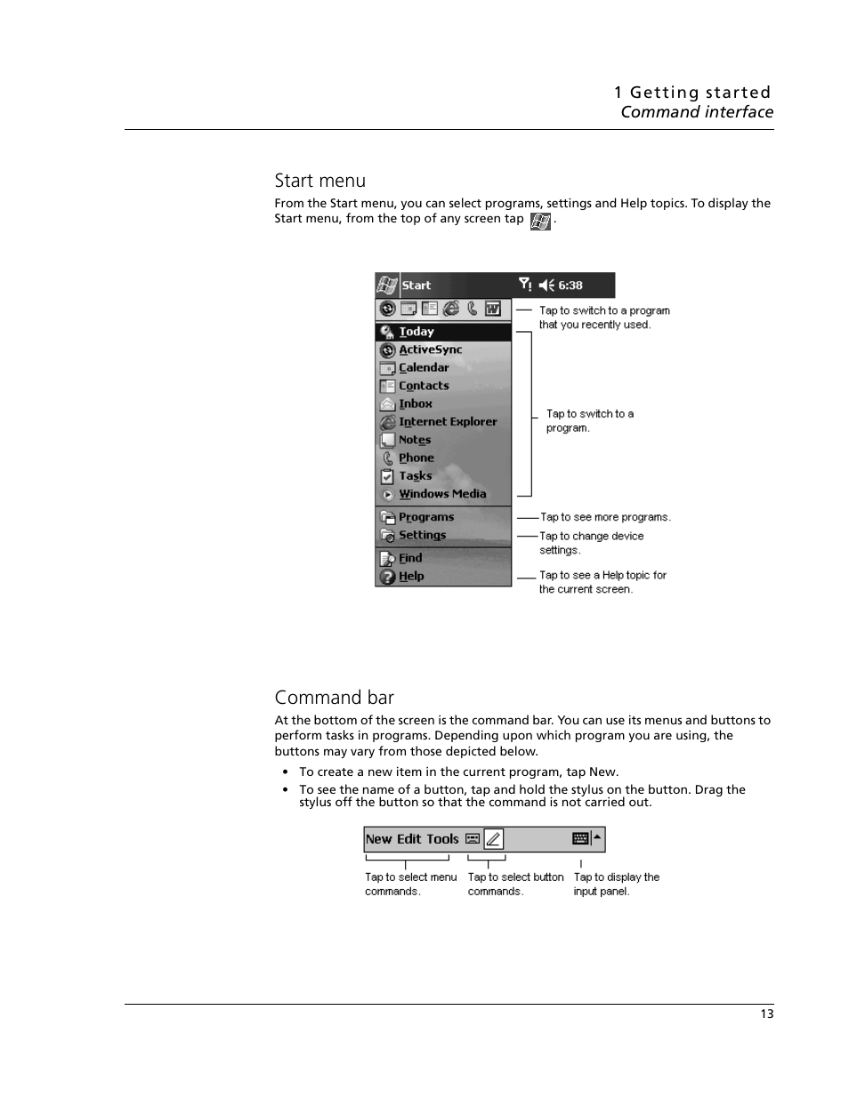 Start menu, Command bar, Start menu command bar | Acer N10 User Manual | Page 25 / 120