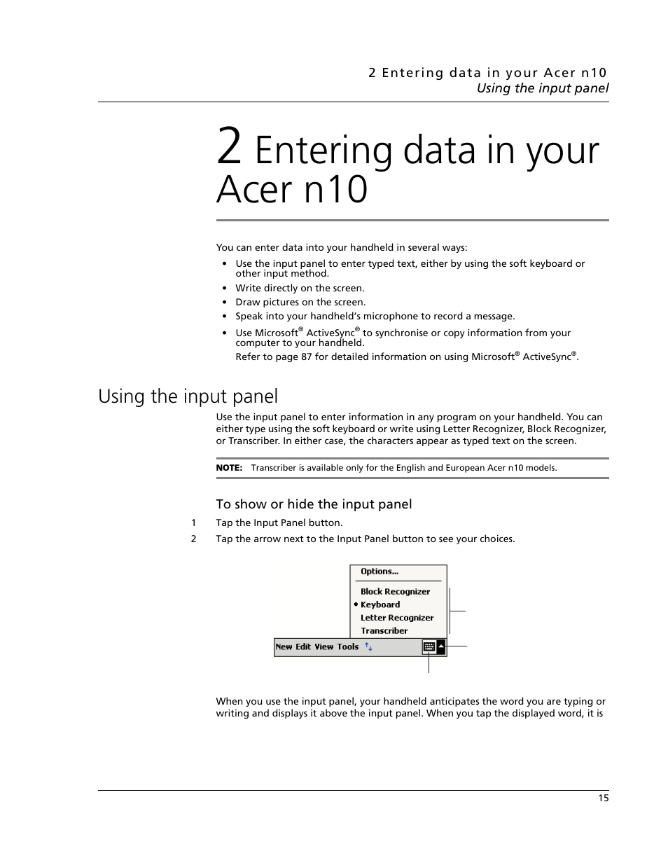 2 entering data in your acer n10, Using the input panel, Entering data in your acer n10 | Acer N10 User Manual | Page 27 / 120