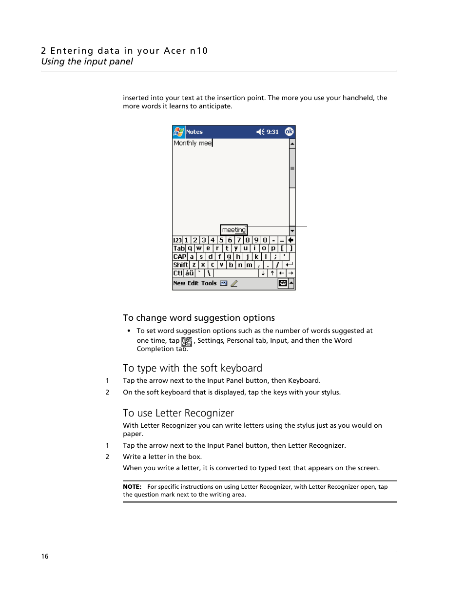 To type with the soft keyboard, To use letter recognizer | Acer N10 User Manual | Page 28 / 120