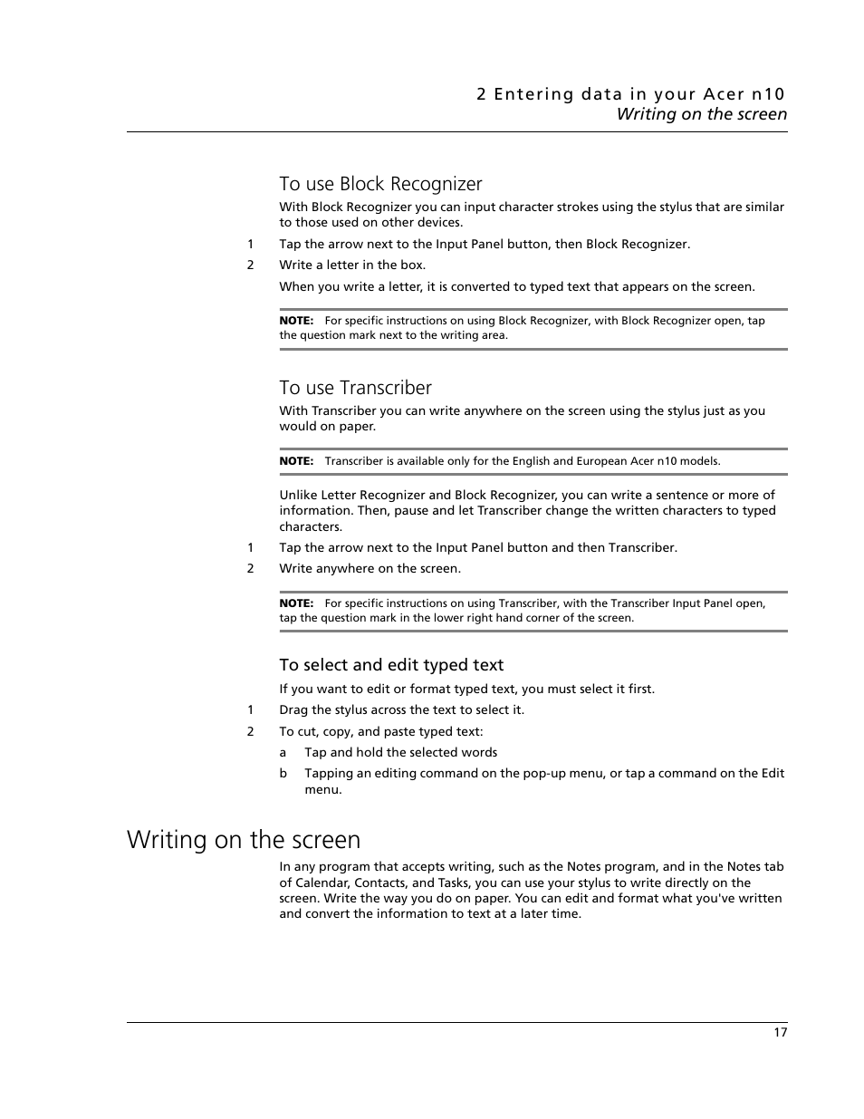 To use block recognizer, To use transcriber, Writing on the screen | To use block recognizer to use transcriber | Acer N10 User Manual | Page 29 / 120