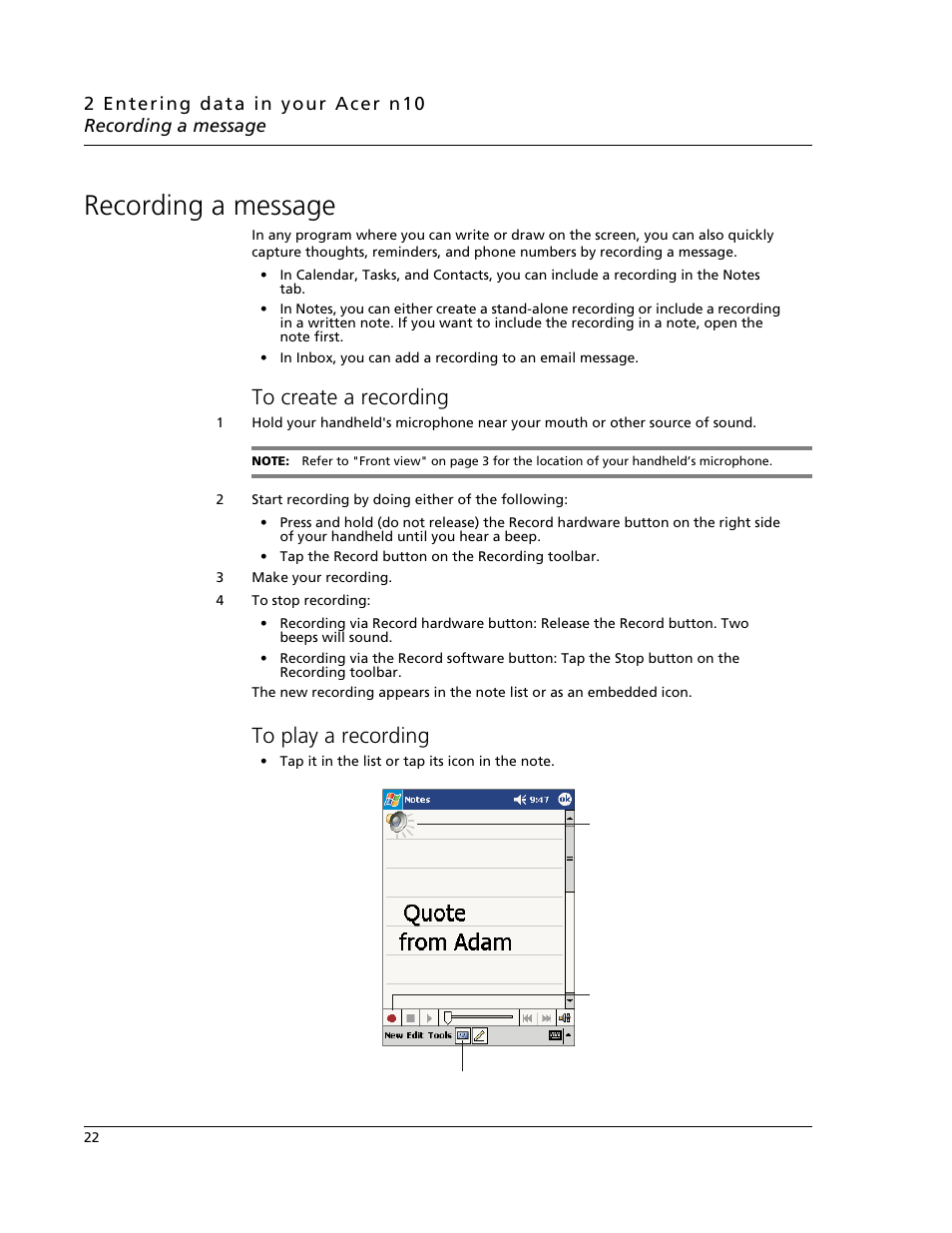 Recording a message, To create a recording, To play a recording | To create a recording to play a recording | Acer N10 User Manual | Page 34 / 120