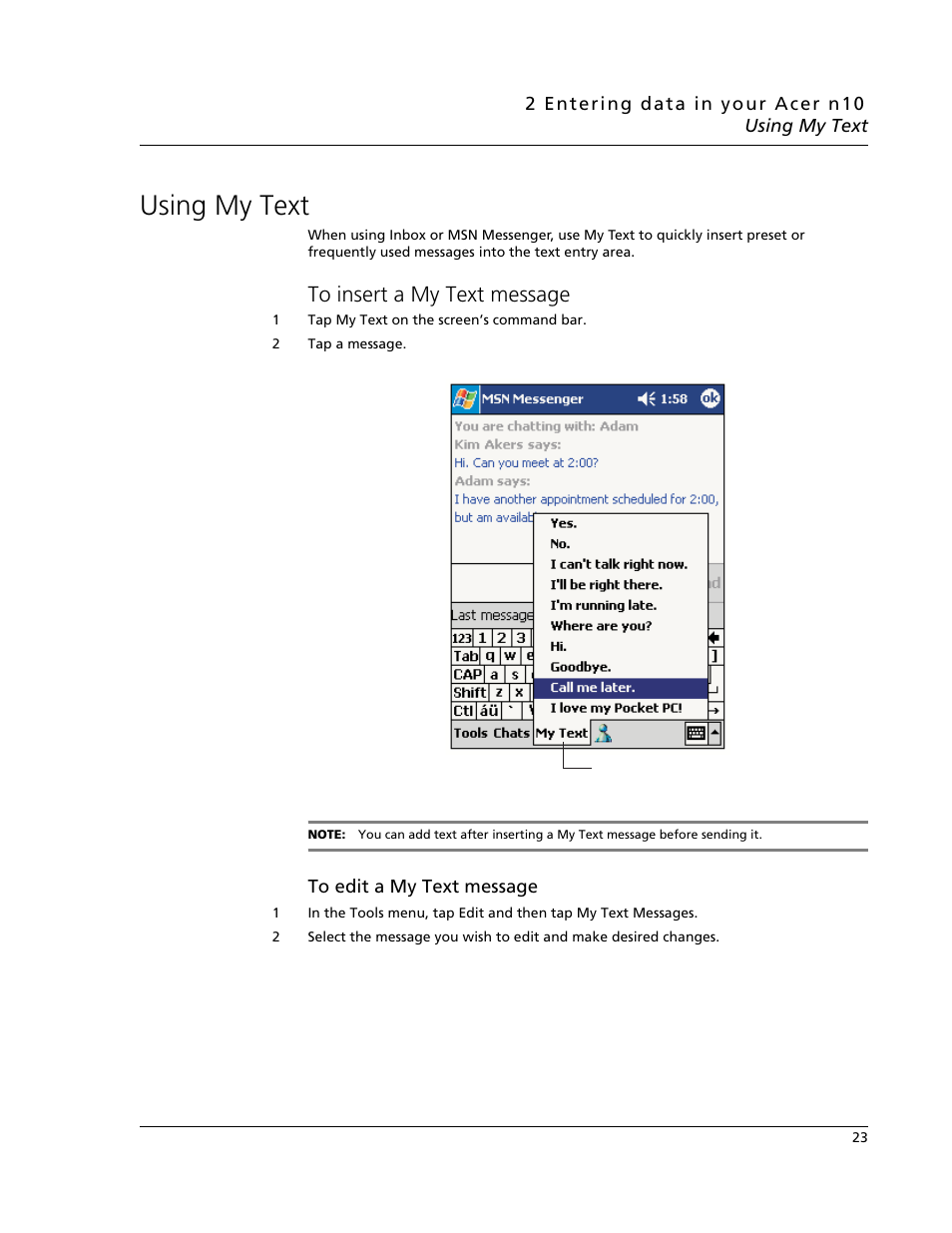 Using my text, To insert a my text message | Acer N10 User Manual | Page 35 / 120