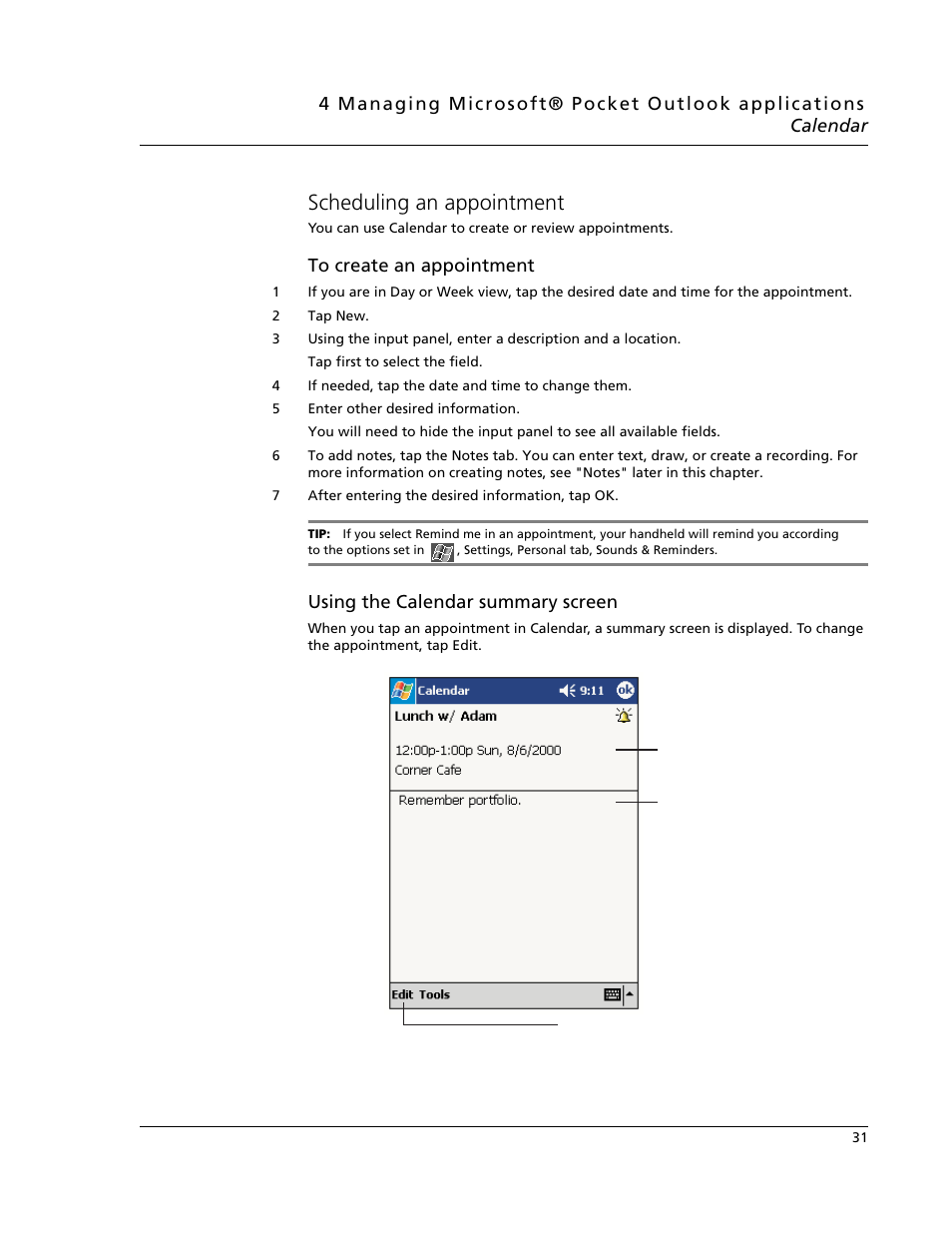 Scheduling an appointment, Using the calendar summary screen | Acer N10 User Manual | Page 43 / 120