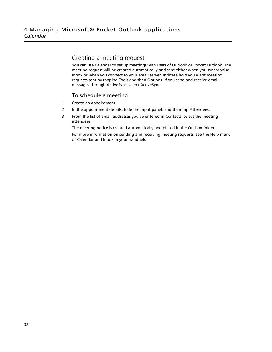 Creating a meeting request | Acer N10 User Manual | Page 44 / 120