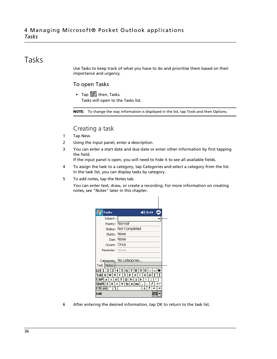 Tasks, Creating a task | Acer N10 User Manual | Page 48 / 120