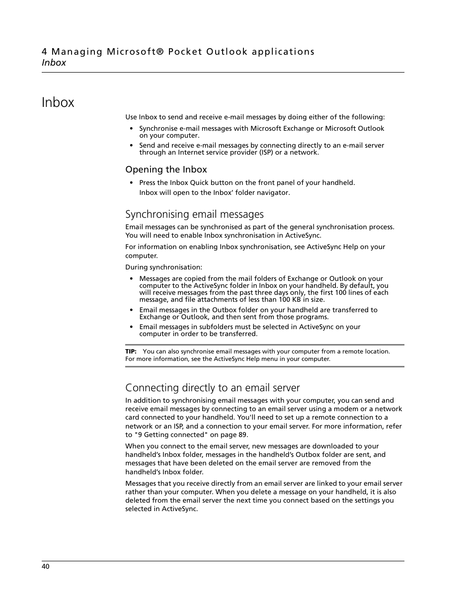 Inbox, Synchronising email messages, Connecting directly to an email server | Opening the inbox | Acer N10 User Manual | Page 52 / 120