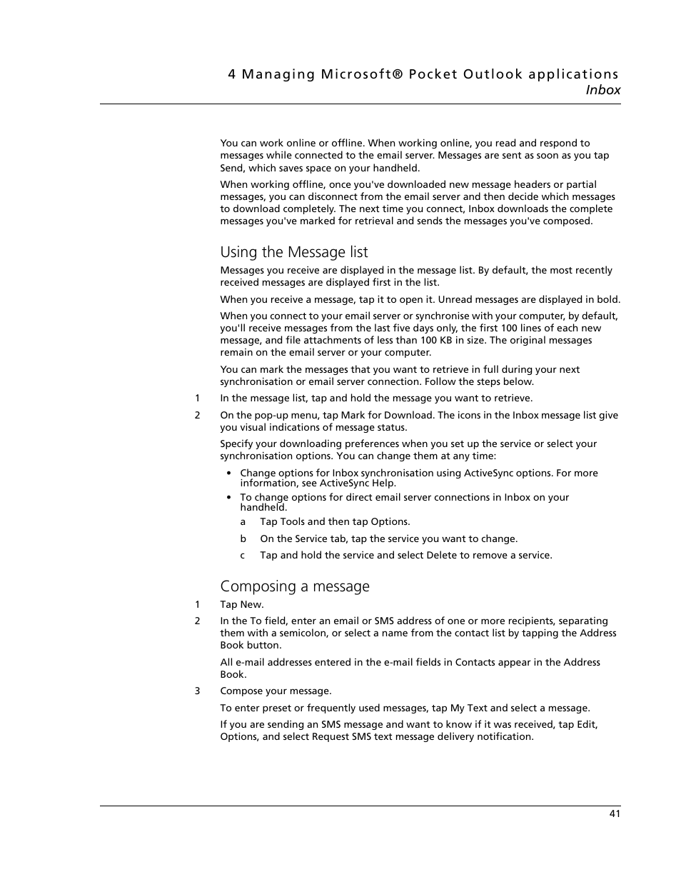 Using the message list, Composing a message, Using the message list composing a message | Acer N10 User Manual | Page 53 / 120