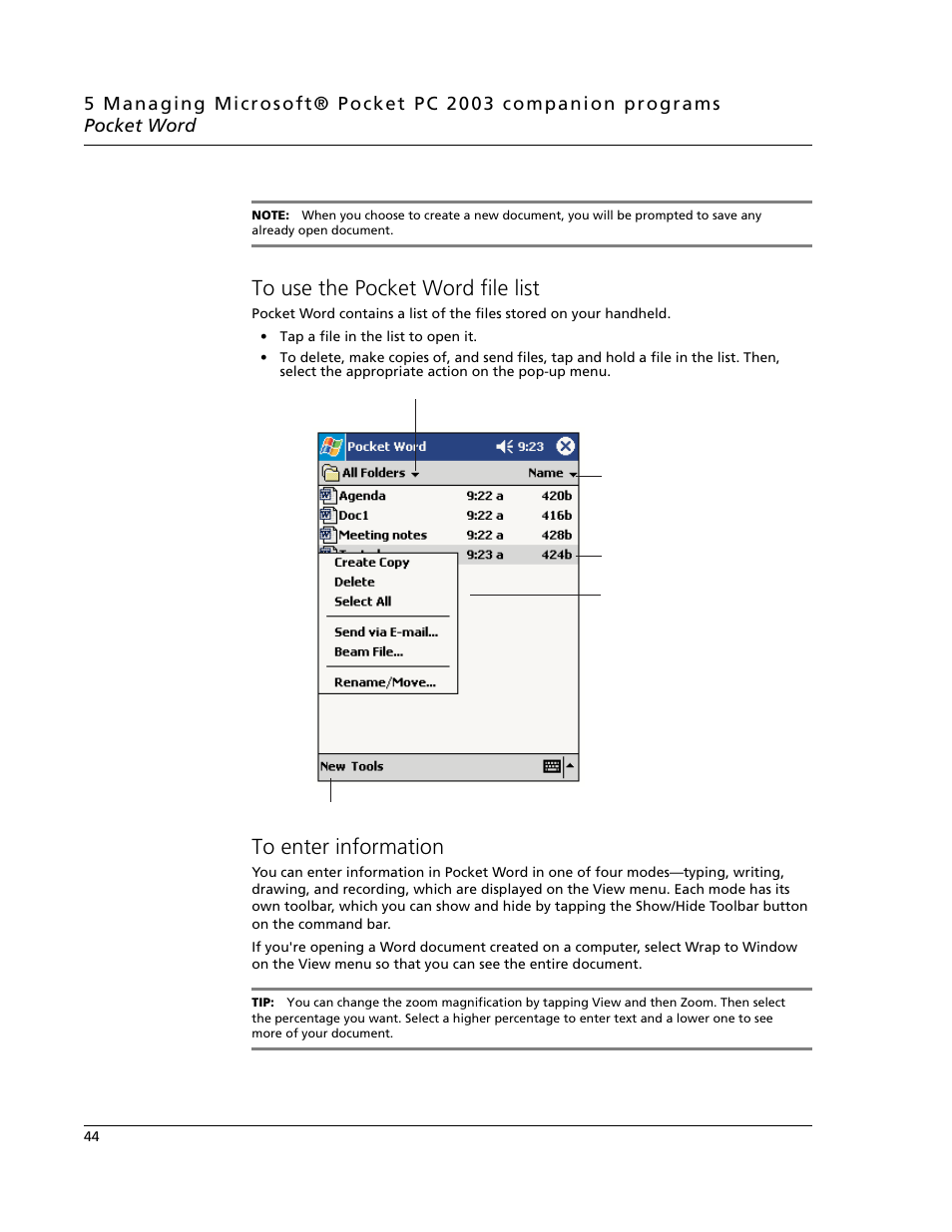 To use the pocket word file list, To enter information | Acer N10 User Manual | Page 56 / 120